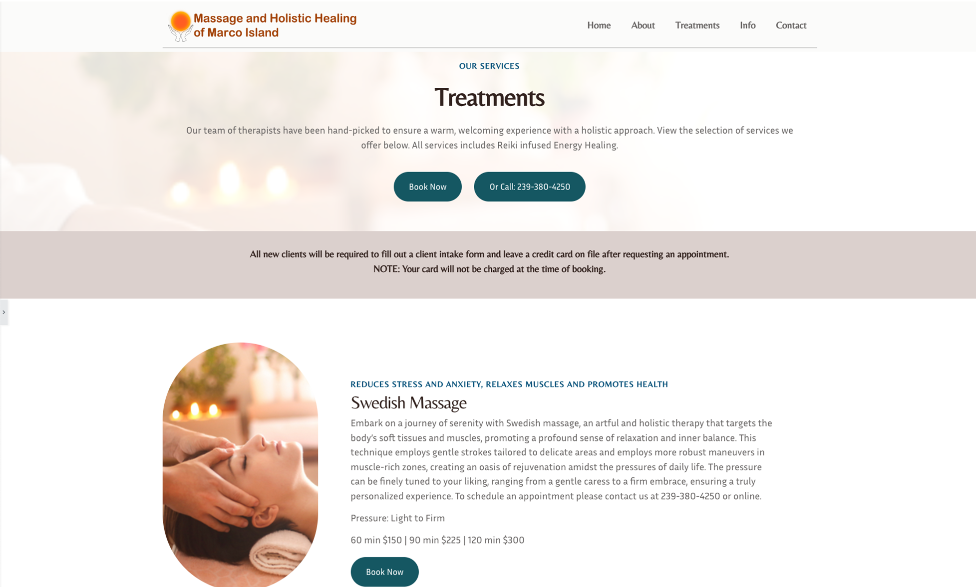 A screenshot of a massage business' website displaying the beginning oiif the Treatments page.